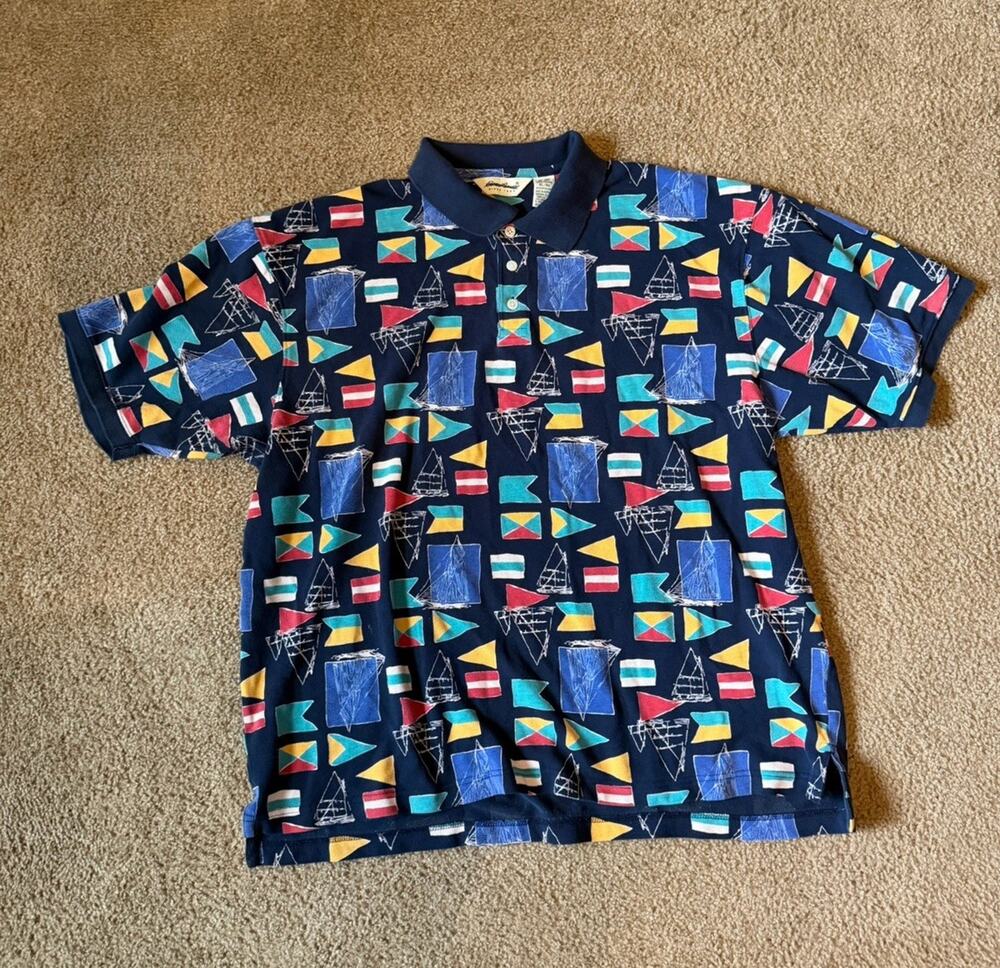 Vintage 90s Eddie Bauer Polo Shirt Mens XL Navy Blue All Over Sailboat Print